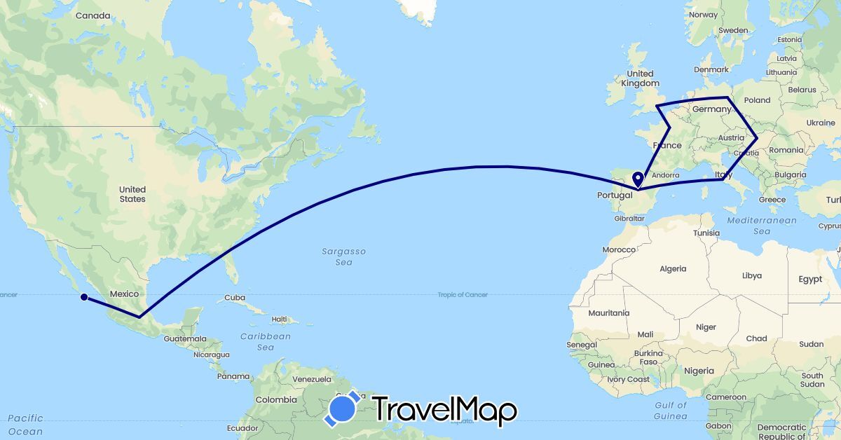 TravelMap itinerary: driving in Germany, Spain, France, United Kingdom, Hungary, Italy, Mexico (Europe, North America)